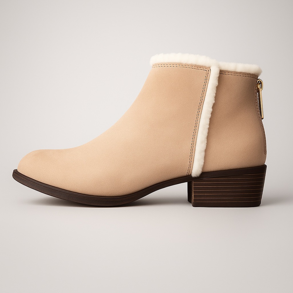True Craft Women's Tan & White Faux-Suede Sherpa-Lined Ankle Boots, size 8.5